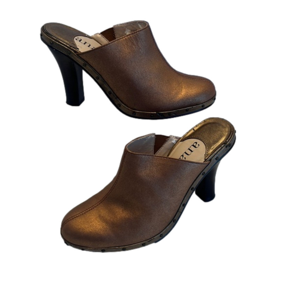 A.N.A Bronze mules Heeled Sandals leather Size 7.5